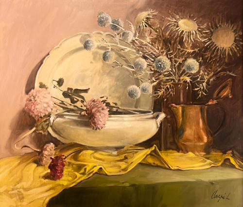 Ceramiche, zinie e fiori secchi di Luigi Carpi